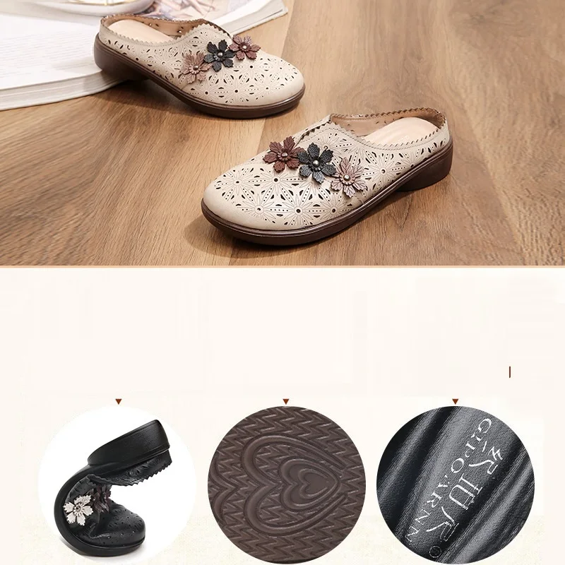 Genuine Leather Women Flats Hollow Woman Shoes Summer Loafers Breathable Beach Flats Shoes Female Comfort Slip on Walking Sandal