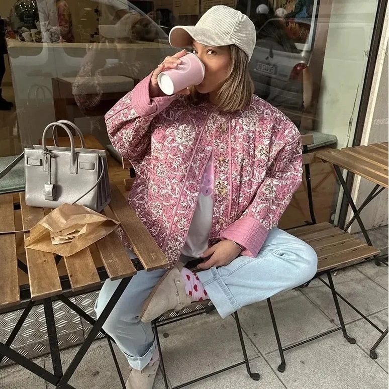 Floral Pattern Long Sleeve Cardigan round Neck Open Front Cotton Jacket Women's Loose Fit Spring Fashion 3D Embroidery