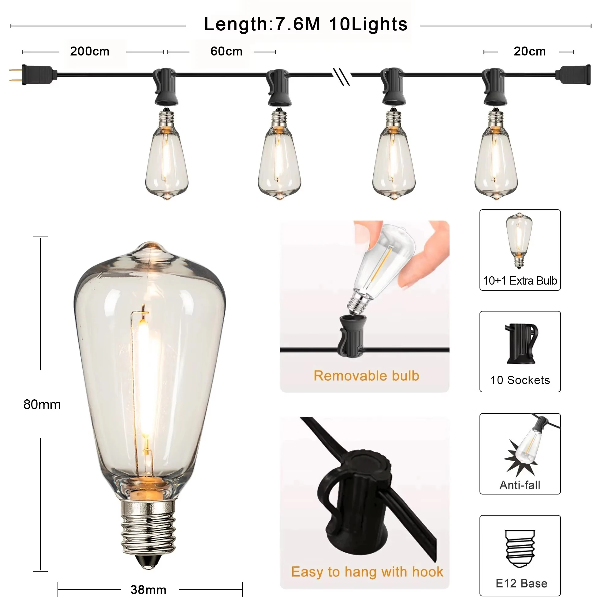 St38 Lichtslinger Outdoor Slinger Connecteerbaar Onbreekbaar Waterdicht Plastic Led Lamp Dimbaar Patio Tuin Decor Fee Lighst