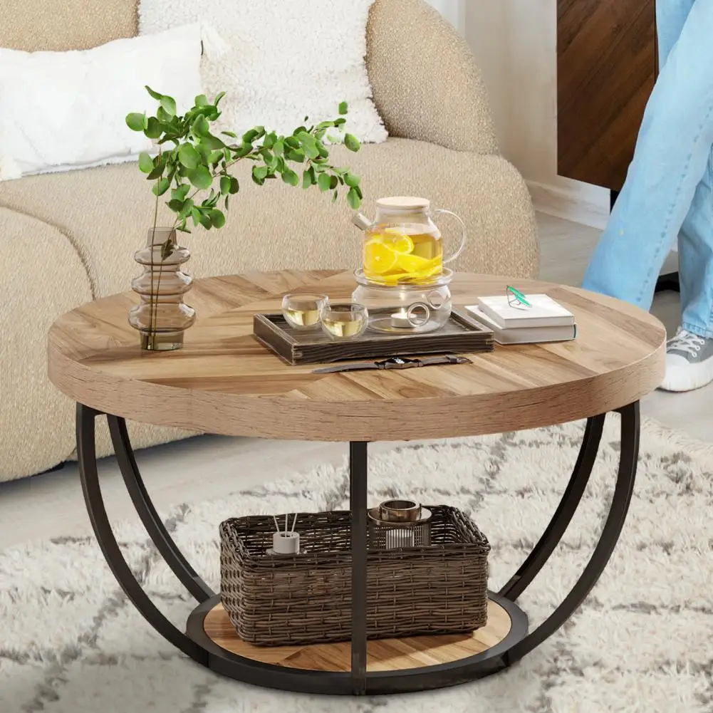 2-Tier Wooden Round Coffee Table Modern Nightstand Storage Sofa Side Cabinet Table With Bottom Shelf For Living Room Furniture ﻿