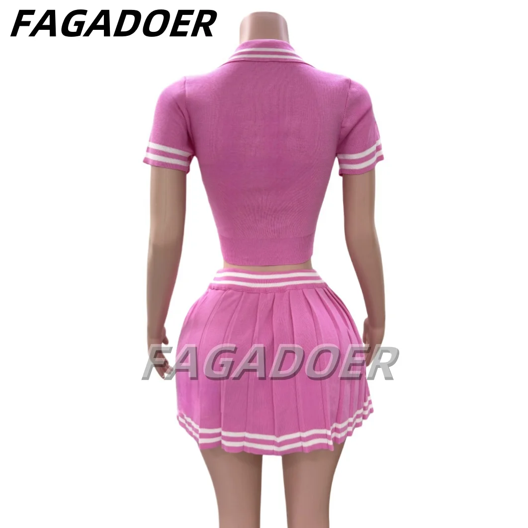 FAGADOER Fashion Academic Style Stripe Splicing Pleated Mini Skirts Two Piece Sets Women V Neck Short Sleeve Top+Skirts Outfits