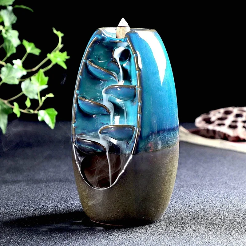 With 75Cones Blue Waterfall Backflow Incense Ceramic Holder