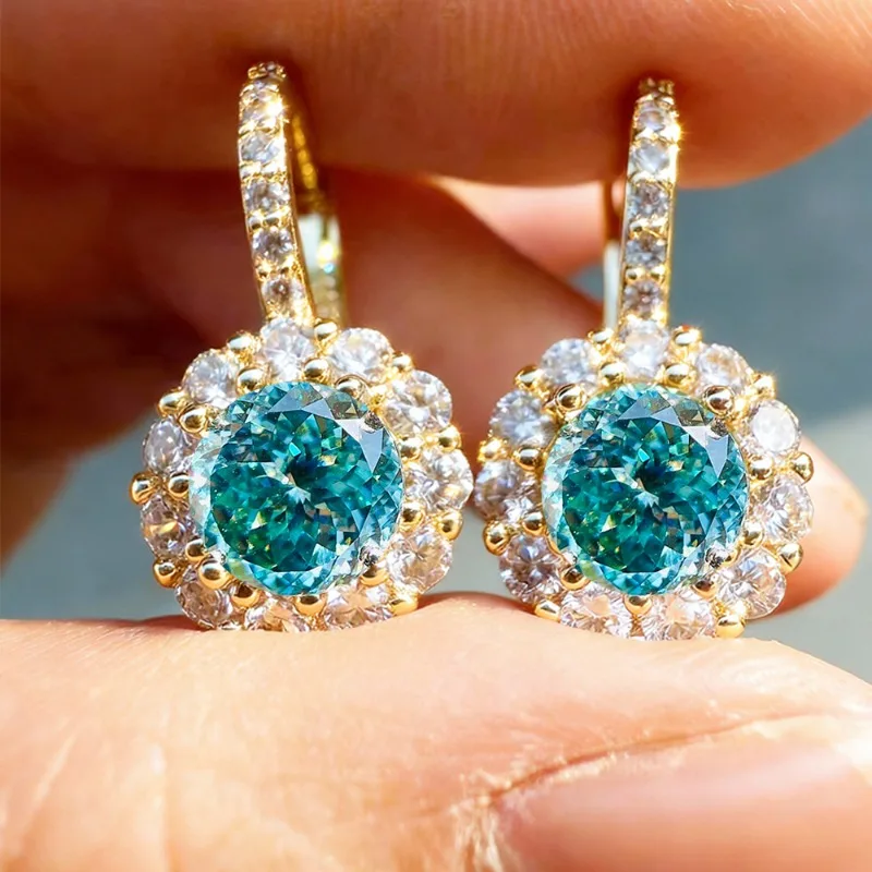 cyan Portuguese cut Stud Earrings, 4 prong S925 Sterling Silvery with 18K Golden Plating, Mature Style, Gift for Men and Women,