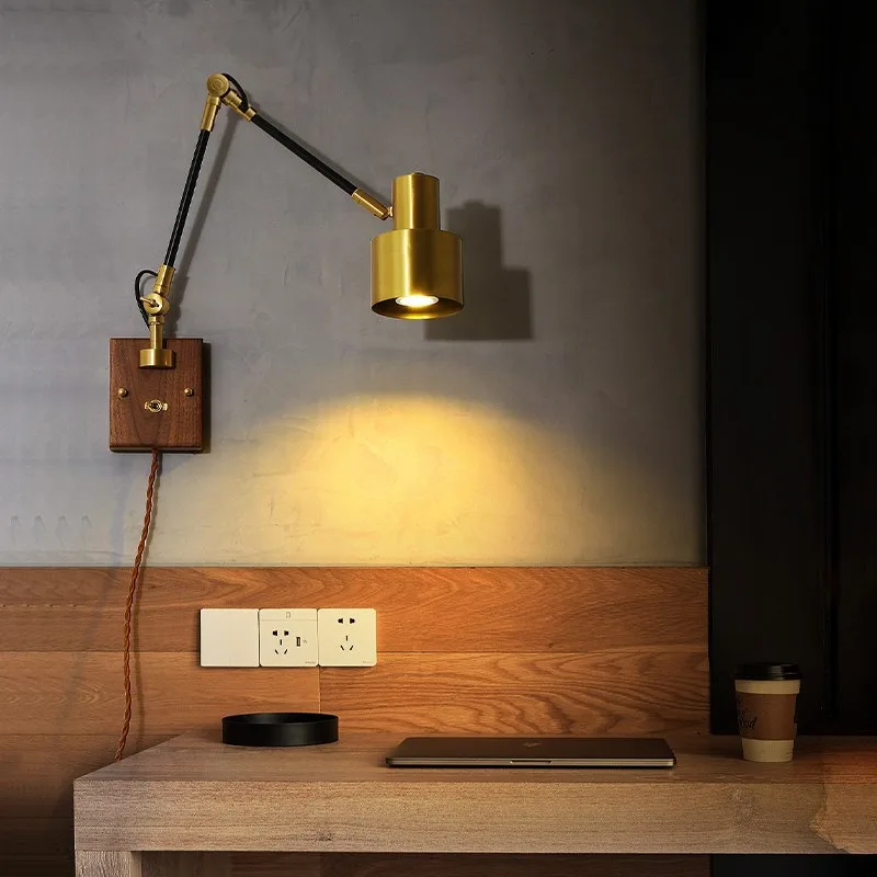 Full copper cover retro bedroom bedside lamp Nordic with switch walnut rocker arm no wiring creative personalized wall lamp
