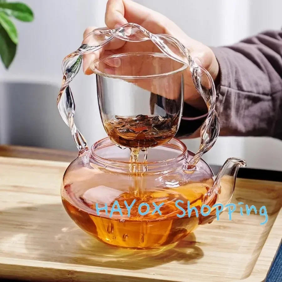 700ml Glass Teapot Tea Water Separation Handle Pot Creative Pink Butterfly Button Flower Teaset High Temperature Resistant Cup