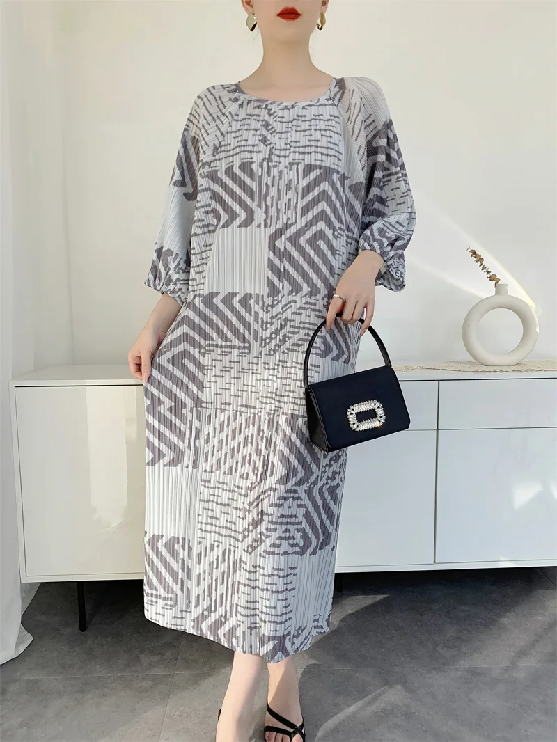 Miyake robe imprimée plissée 2025 printemps et été nouvelles femmes imprimé français rayure tempérament robes longues