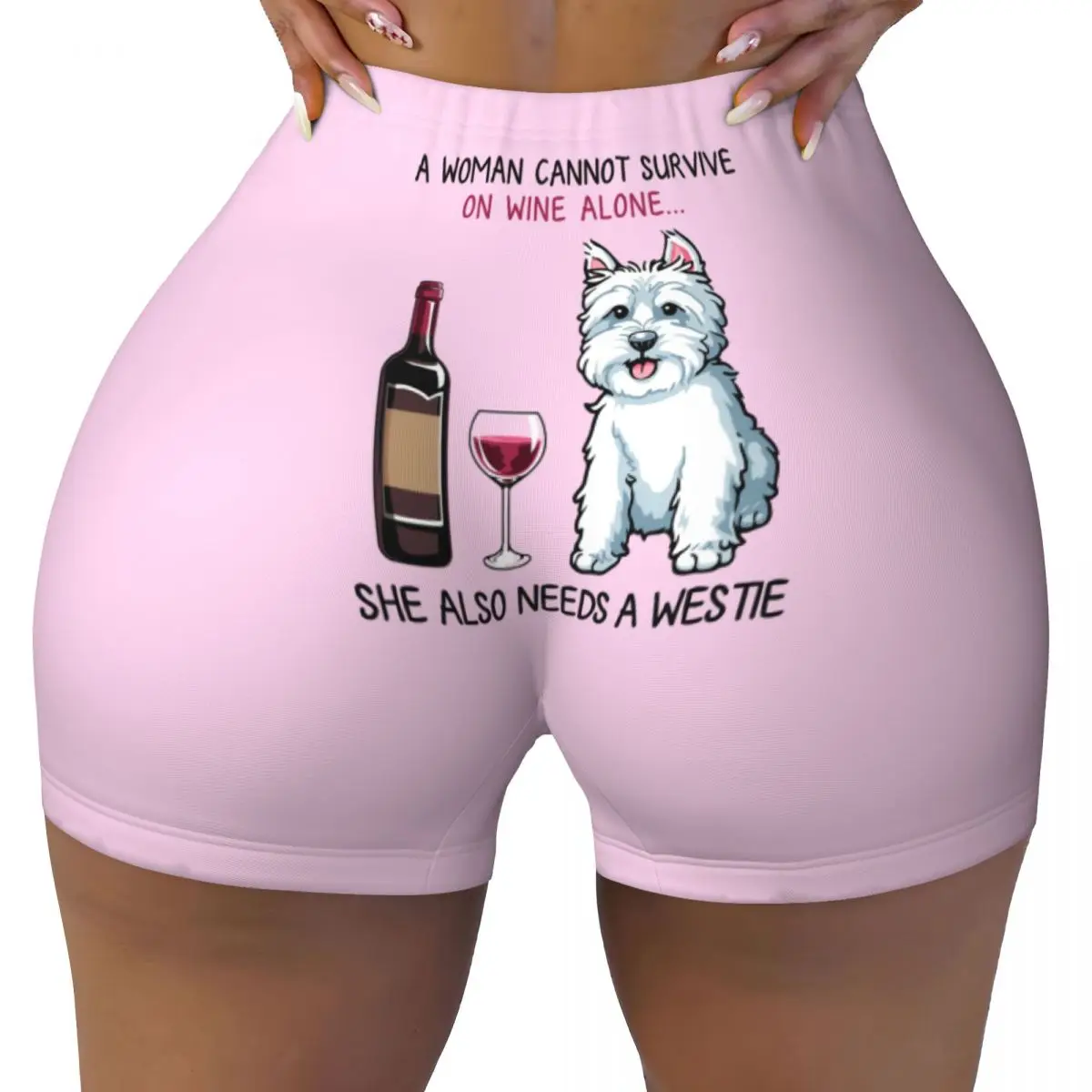 Custom Westie And Wine Funny Dog Cartoon Workout Volleyball Biker Shorts Women West Highland White Terrier Gym Yoga Shorts