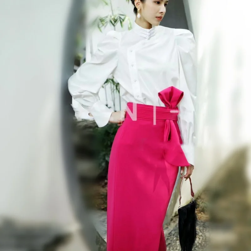 

New Runway Skirt Suits Women's Elegant Lantern Sleeve Blouse Shirts Tops And Big Bows Cut Long Skirt Suits Set NZ320