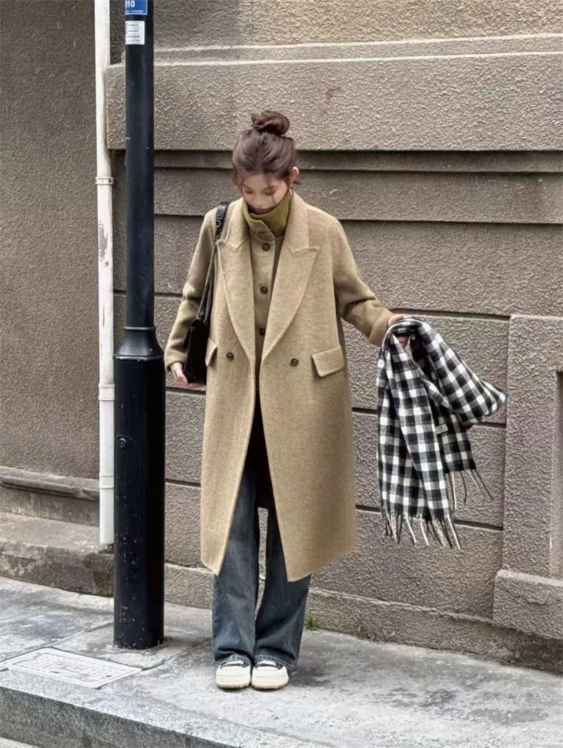 Nuovo cappotto di lana da donna 100% lana con risvolto a punta soprabito doppiopetto autunno inverno giacca lunga trench da donna