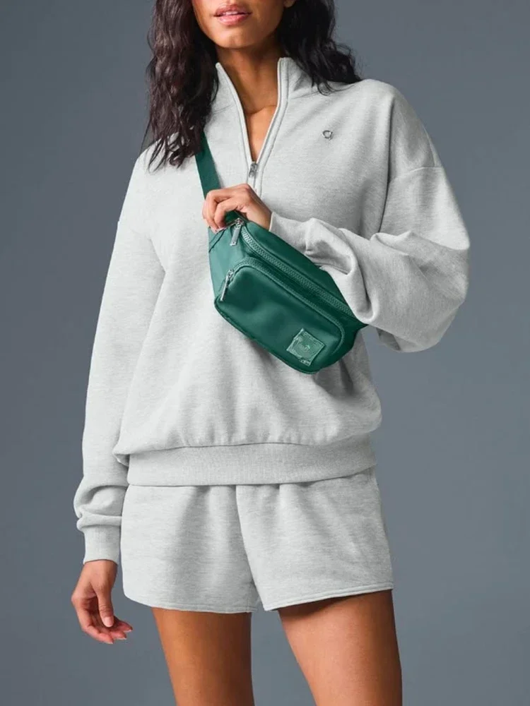 طويلة الأكمام أغطية رأس بسحاب المرأة الصلبة رمادي بلوزات الترفيه الأعلى الرياضة الوقوف طوق البلوز اللياقة البدنية معطف فضفاض الخريف #4