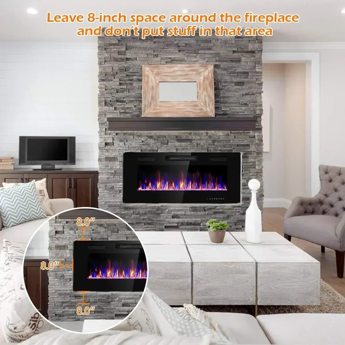 Tangkula-Recessed  Fireplace, In-Wall and Wall Mounted  Heater, Adjustable Flame Color  Speed, 42 in