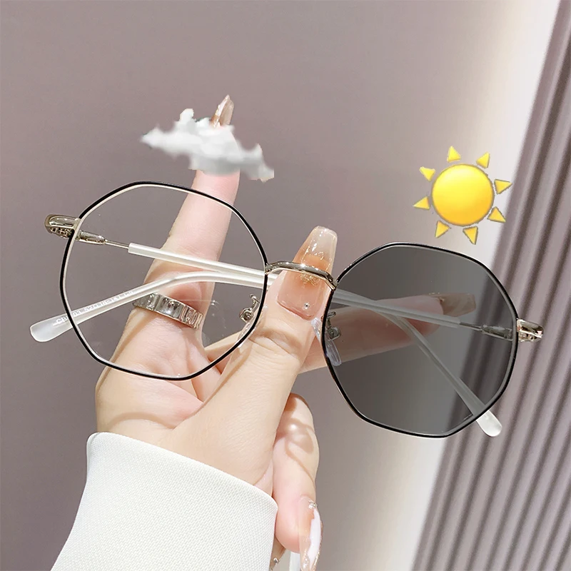 Unisex-Brille mit photochromen, polygonalen Gläsern, leicht, bequem, trendige, farbwechselnde Gläser, Geschenk für Freunde und Familie