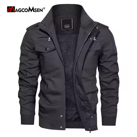 MAGCOMSEN Men's Fleece Jackets Windbreaker Coats Fall Winter Thermal Bomber Jackets Multi-pockets Stand Collar Motorcycle Jacket