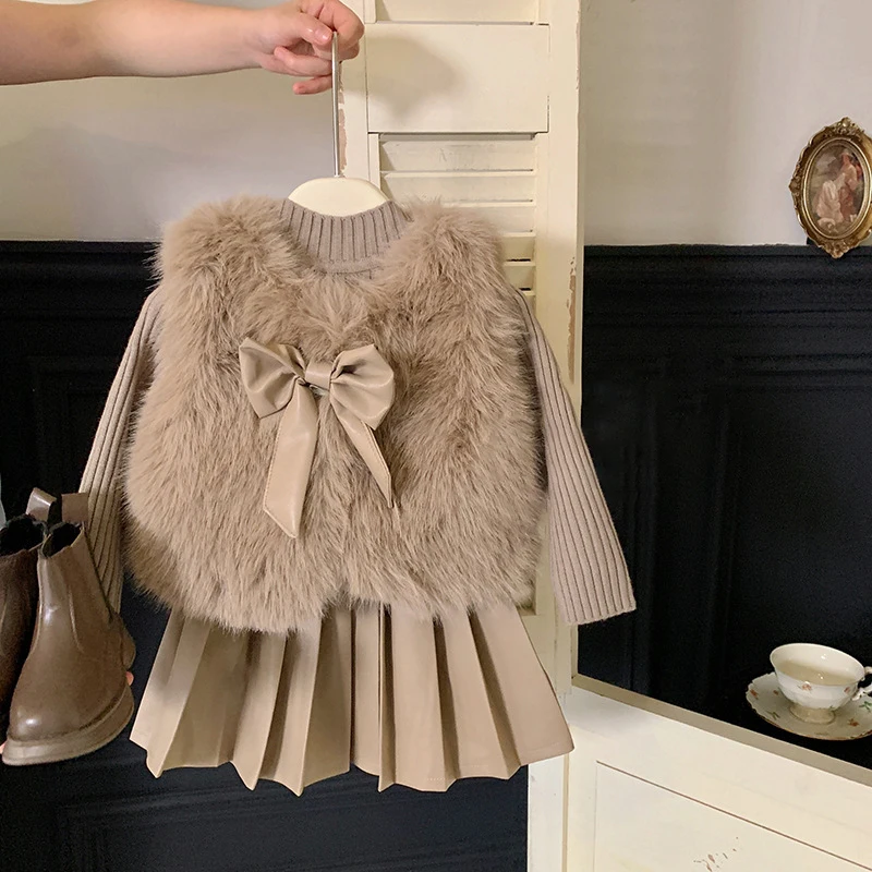 

3PCS Children clothes Girl Outerwear Knitted Top And Fleece-lined Leather Skirt Korean Style Autumn And Winter Outfit Elegant