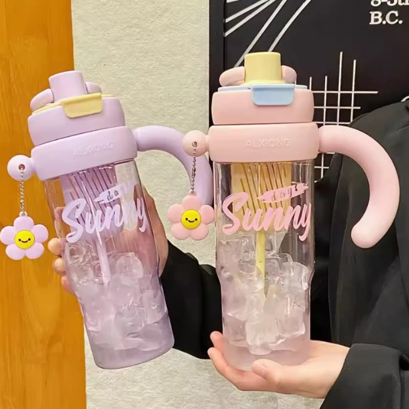 

Large-Capacity Portable Student Water Cup with Double Straws And Handle Food Grade Plastic Ice Bar Mug with Tea Separator