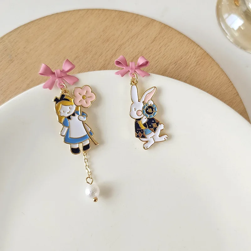 Japanese Sweet Cartoon Rabbit Bow Clip on Earrings Cute Asymmetric Alice In Wonderland Clip on Earrings No Piercing for Women
