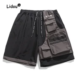 Fashion Loose Personality Zipper Multiple Pockets Motion Cargo Shorts Wide-leg Waist Drawstring Street Casual Male Short