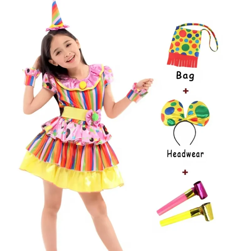 

3pcs Circus Kids Clown Cosplay Costume Carnival Christmas Headwear+Bag+Blowing Dragon Birthday Party