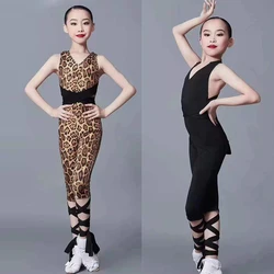 2023 New Latin Dance Costumes For Kids Leopard Top Pants Suit Practice Clothes Chacha Samba Tango Latin Performance Wear SL4744