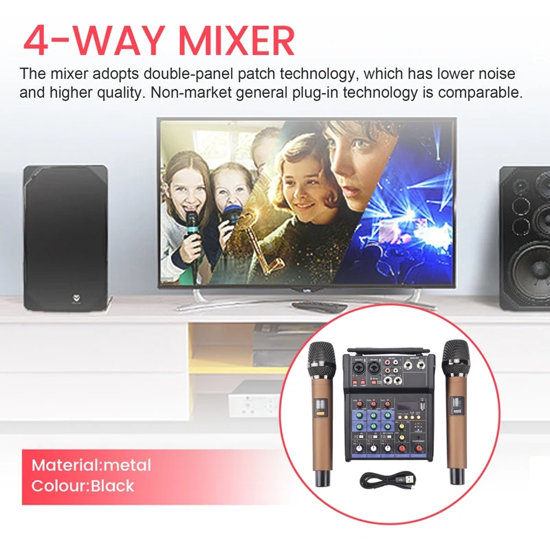 4 Channel Audio Mixer Console With Wireless Microphone Sound Mixing With Bluetooth USB Mini Dj Mixer+Wireless Karaoke