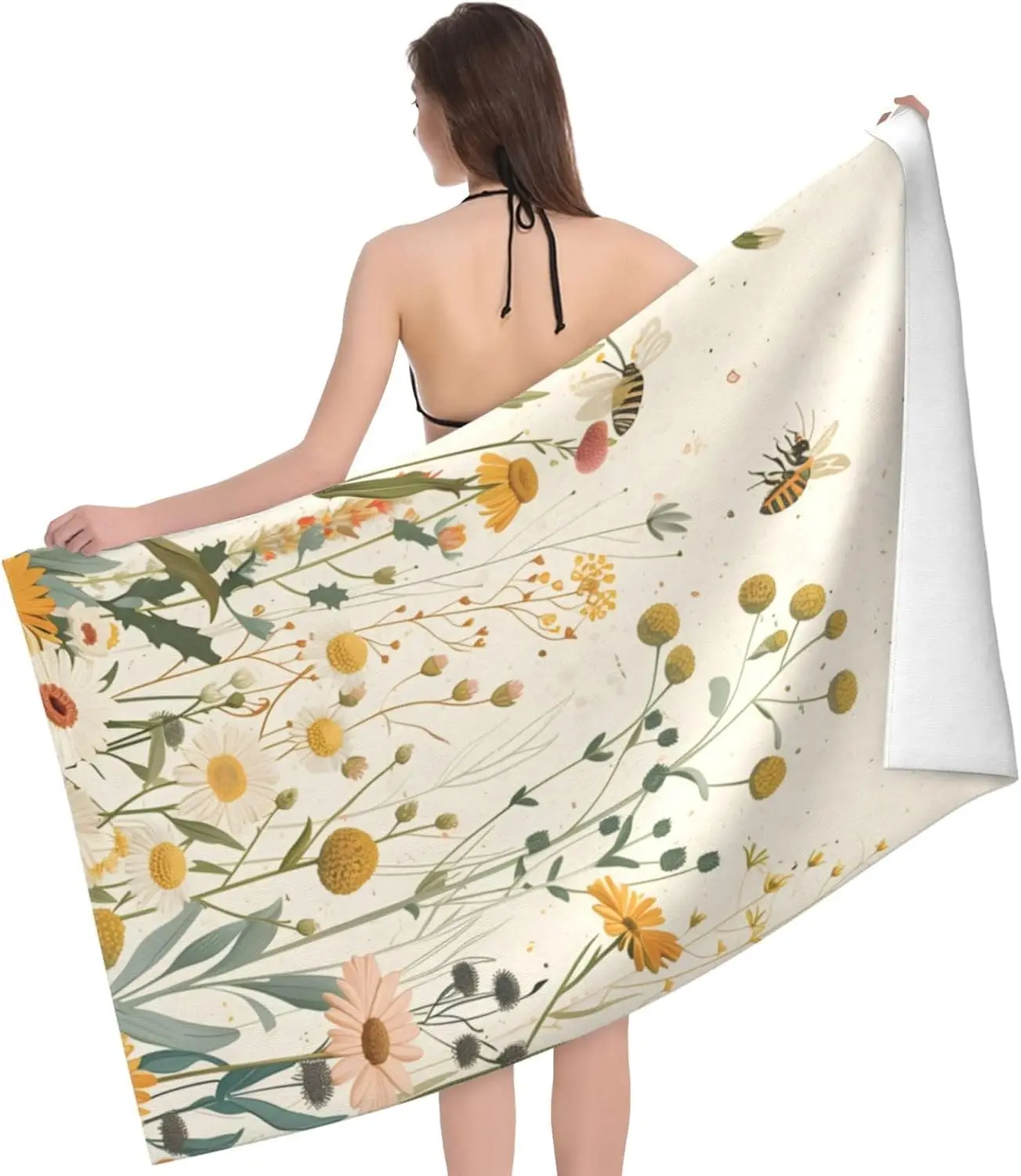 Wildflowers and Bees Beach Towel,Floral Sand-Free Microfiber Bath Towel Ultra Soft Quick Dry Towel Absorbent Towel Lightweight