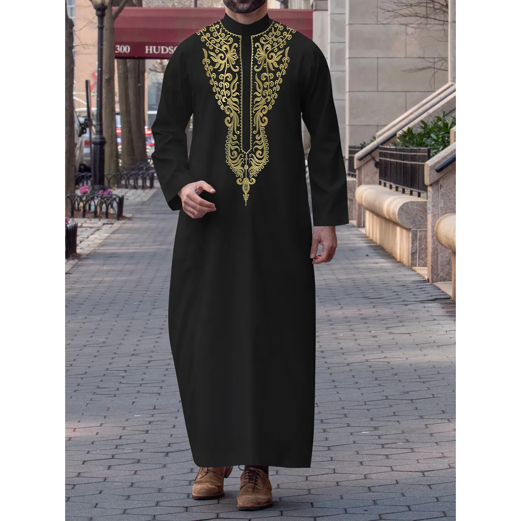 New Middle East Muslim Long Sleeve Ethnic Style Embroidered Arabic Stand Collar Men's Robe in Stock