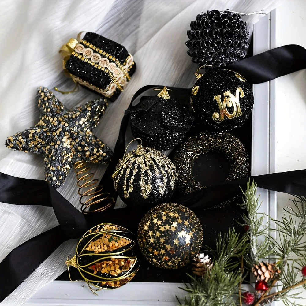 Set 9 Decorations - Black And Gold Glitter Foam Ball, Plastic Hanging Decoration, No Power Supply, Star Decoration On Top Of