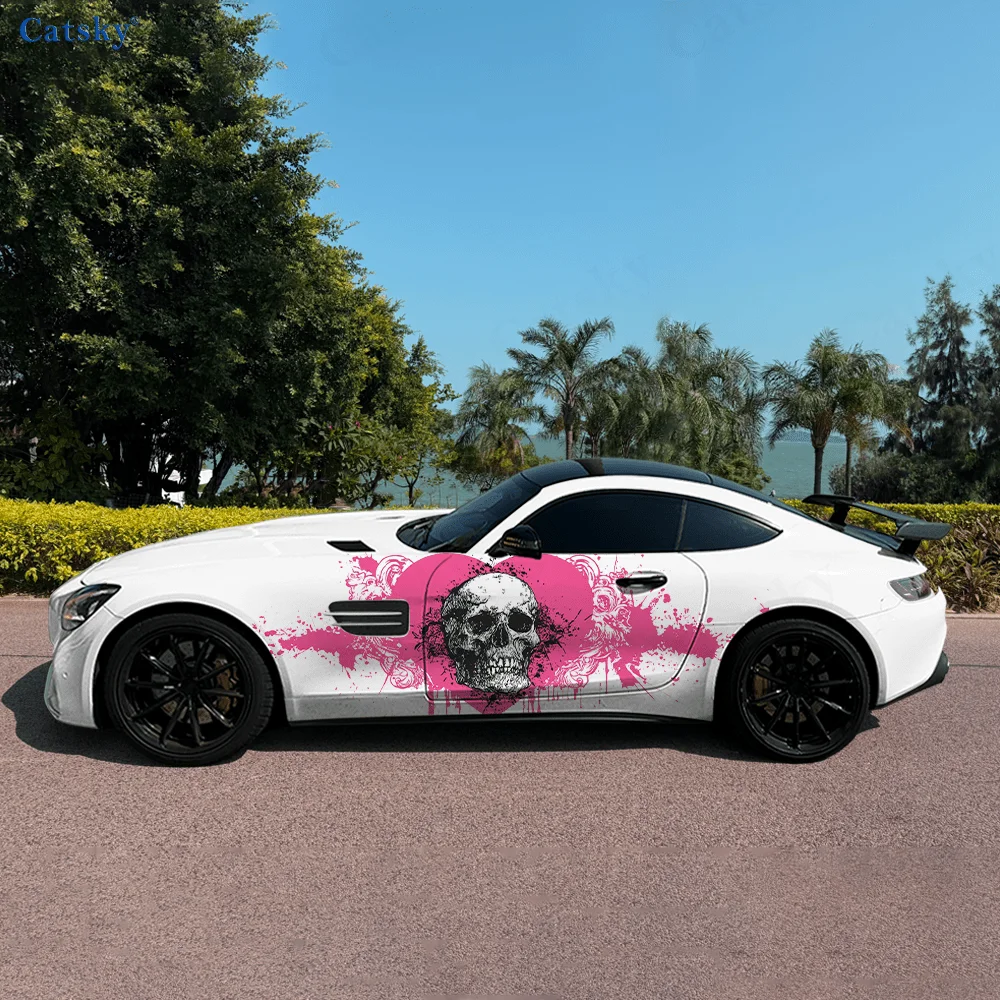 

Pink Heart Flower Skull Car Vinyl Wraps Decal Self-adhesive PVC Sticker Suitable for Trucks SUV Decoration Auto Accessories Gift