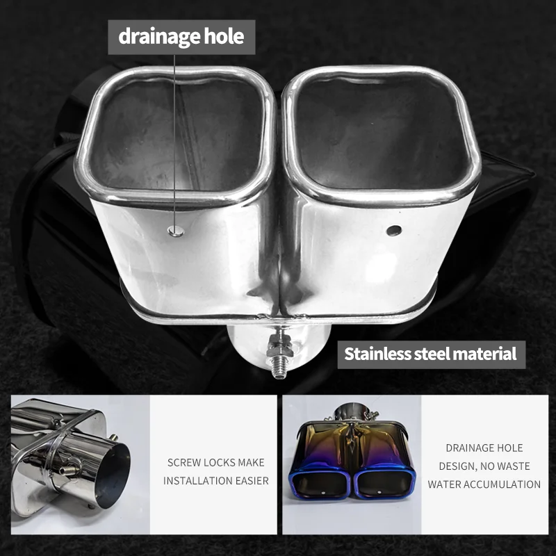 Car Stainless Steel TailPipe Exhaust Pipe Muffler Tail Throat Stainless Square 6.5CM Double Head Exhaust Pipe Muffler
