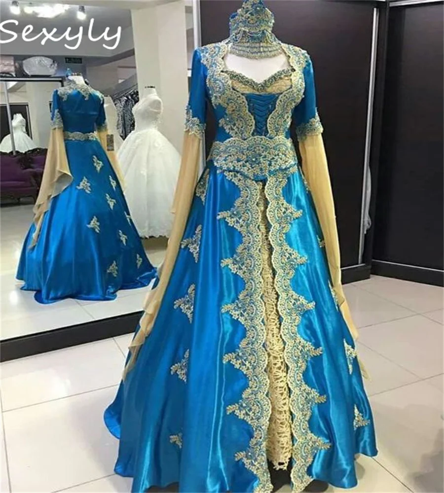 Blue MoroccanTurkish Wedding Dress Gothic Victorian Renaissance 18th Rococo Appliques Lace Bridal Gowns Long Sleeve Dubai Abaya