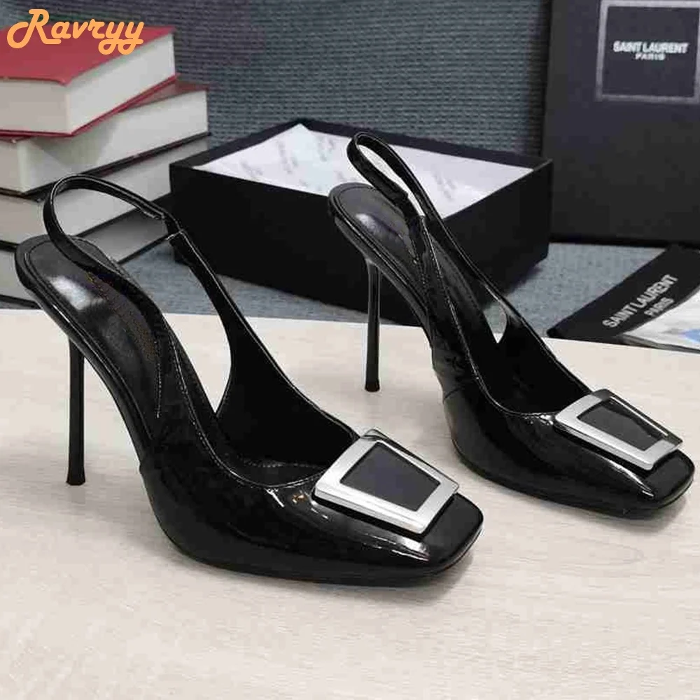 Metalowa kwadratowa klamra rubinowe sandały Slingback szpilki kryształowe błyszczące sandały czarne/niebieskie/czerwone Slip On Women Shoes Luxury