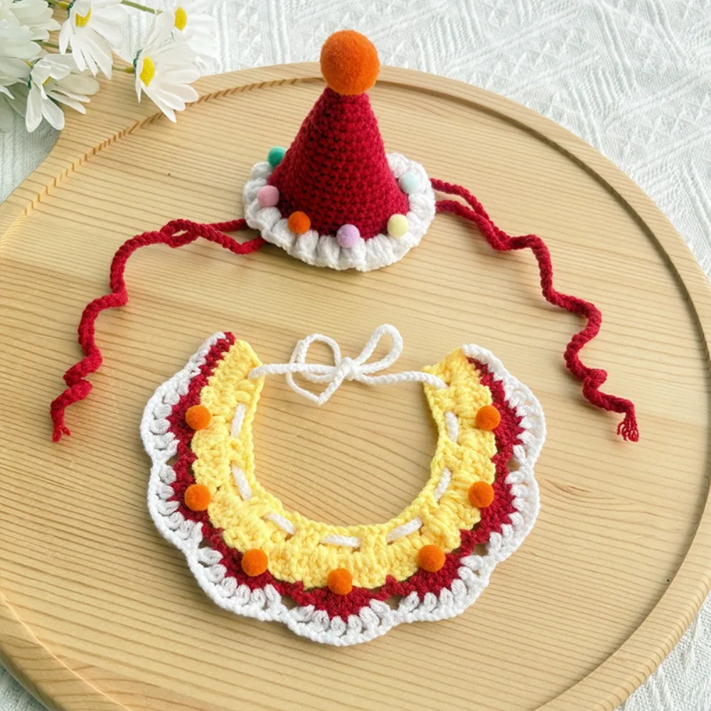 2pcs Cute Handmade Pet Birthday Hat Photo Decoration Knitted Pet Party Dress Up Dog Neck Accessories