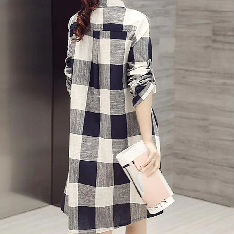 Spring Autumn Casual Plaid Polo-Neck Shirt Women\'s Clothing Fashion Single-breasted Korean Loose Long Sleeve Pockets Midi Blouse