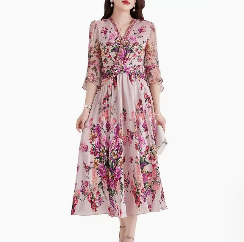 فستان حريري التوت الوردي، أكمام بوق مطبوعة صيفية للسيدات، تنورة حريرية مربوطة الخصر #5