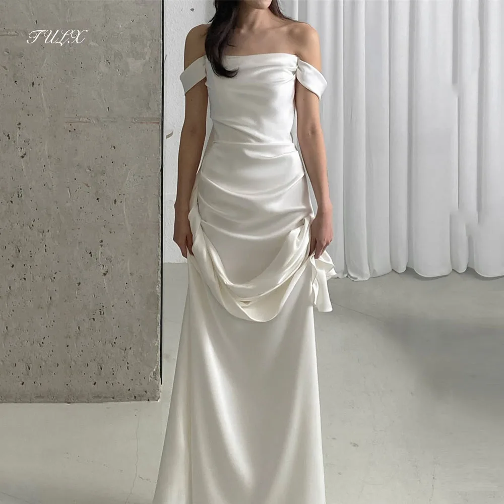 

TULX Ivory Satin Mermaid Long Wedding Dresses Korea Photo Shoot Strapless Short Sleeves Bridal Gown Corset Customized 웨딩드레스
