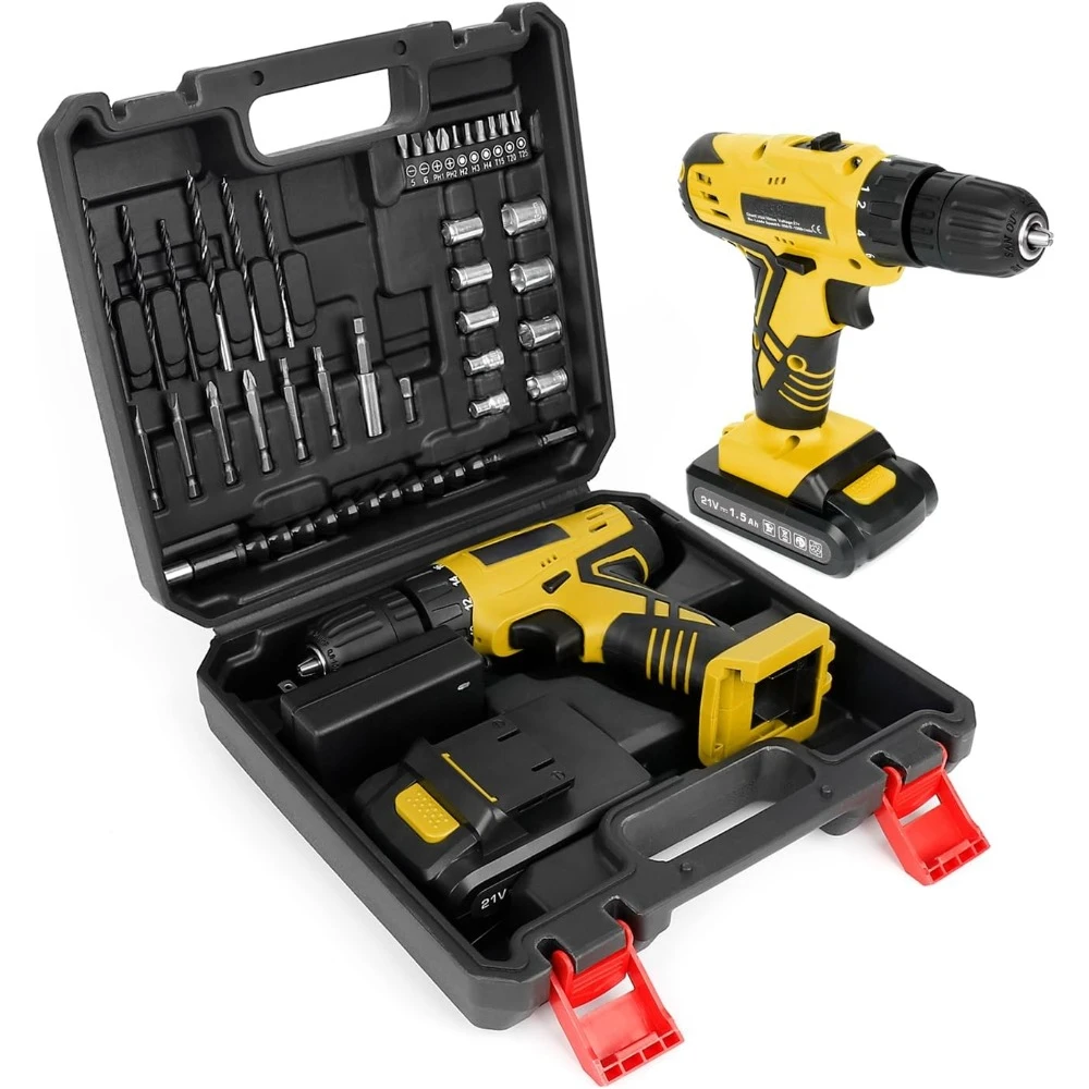 

21V Cordless Drill, 350 in-lb Torque, 0-1350RMP Variable Speed, 10MM 3/8'' Keyless Chuck, 18+1 Clutch