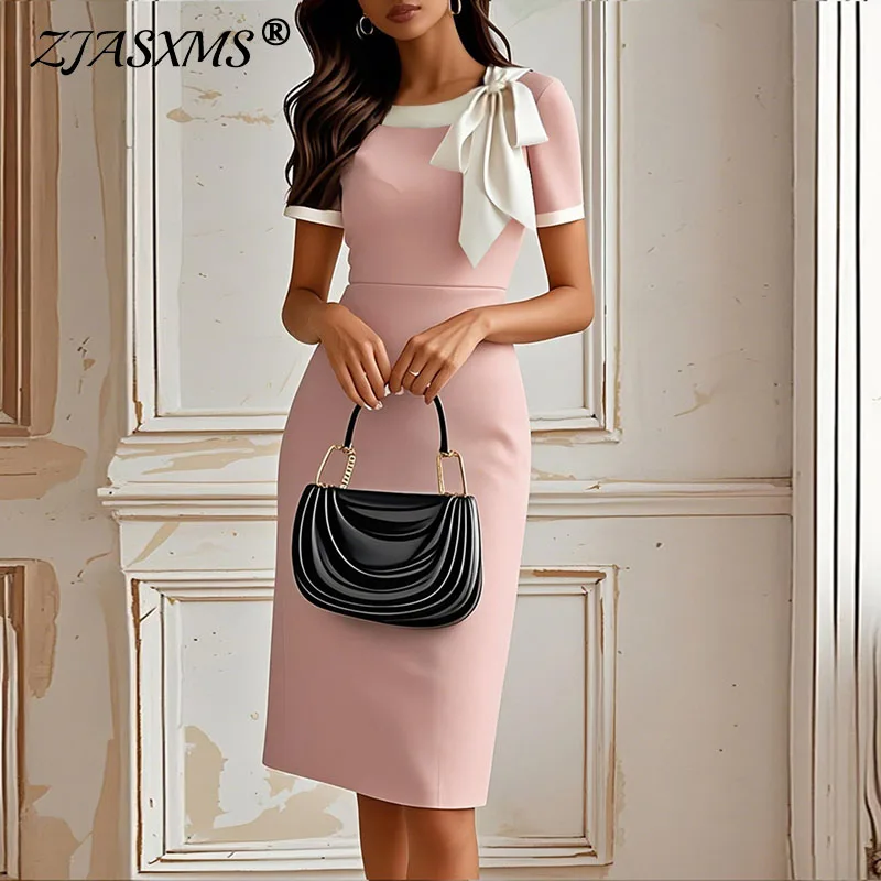 

Женское сексуальное облегающее платье с круглым вырезом на бедрах, весна-лето, контрастное вечернее платье с бантом, модное лоскутное платье до колена с короткими рукавами