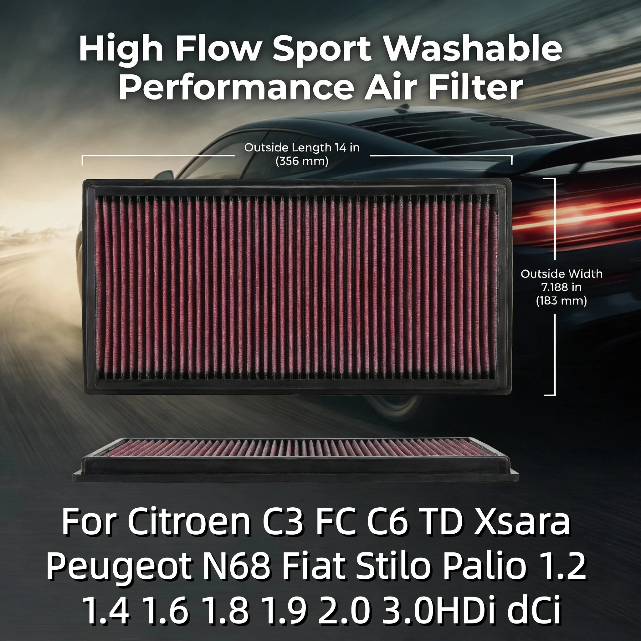 

Для Citroen C3 FC C6 TD Xsara Peugeot N68 Fiat Stilo Palio 1.2 1.4 1.6 1.8 1.9 2.0 3.0HDi dCi High Flow Sport Air Filter 33-2128