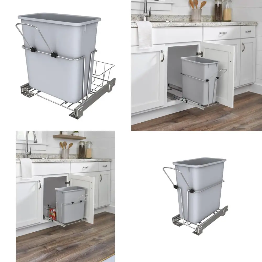 

Universal 20 Quart Pullout Metal Wire Kitchen Cabinet Trash Can with Rear Basket for Waste Disposal and Organization
