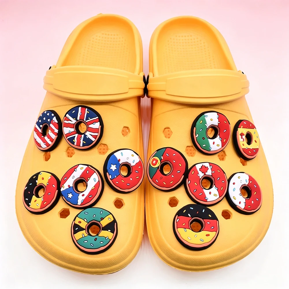 4-100PCS Cartoon Country Flag Donut Shoe Charm PVC Clog Wristband Beach bag Decor Buckle DIY Detachable Waterproof Party Gift