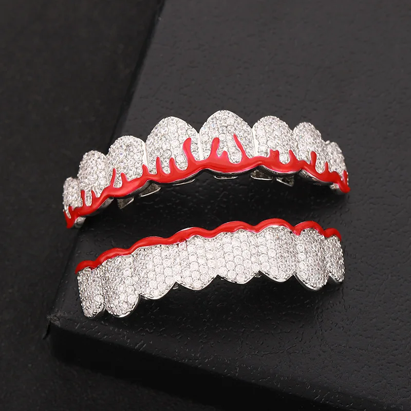 HipHop Flame CZ Teeth Set For Unisex Top Bottom Mouth Gold Silver Color Teeth Tooth Cap Removable Dental Fashion Jewelry