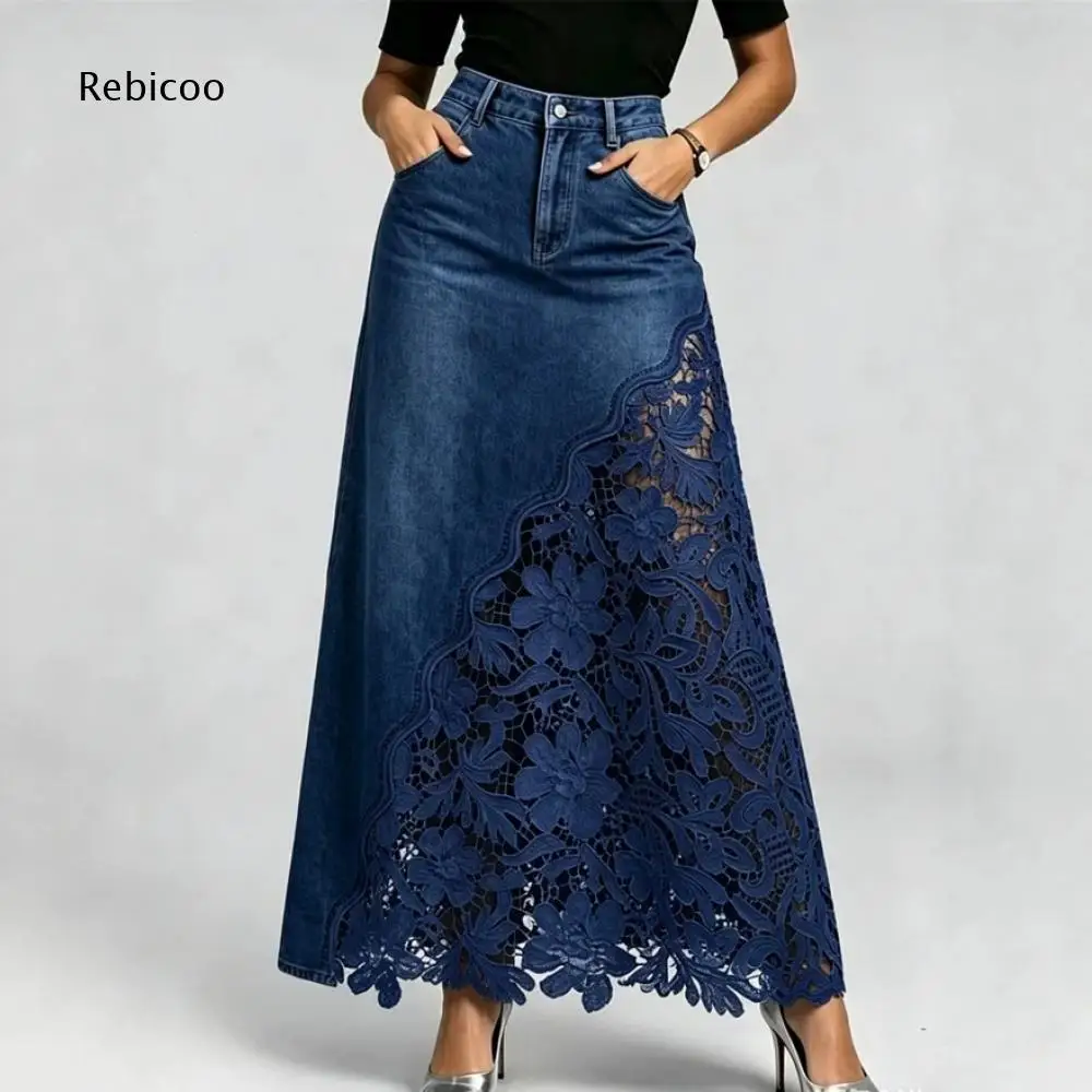 Women High Waist Denim Maxi Skirt Floral Lace Spliced Panel A Line Flared Long Skirt With Pockets For Daily And Party Occasions
