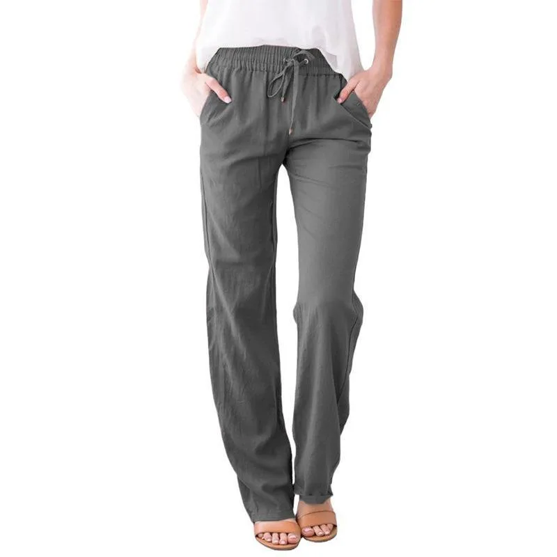Women's Loose Cotton Linen Drawstring Trousers Spring Summer New Arrival Casual Wide Leg Long Pants Fashionable Female Jeans