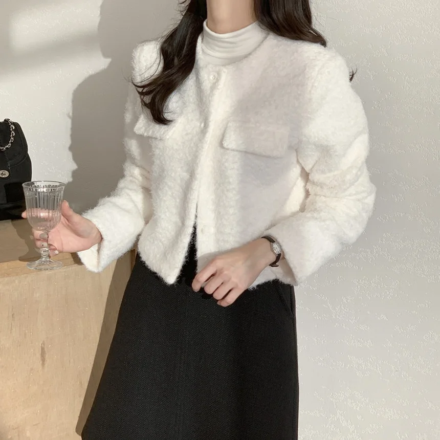 

Ele Sweet round Ne Single Button Loose Long Sve ort Outerwear Top Small Fraance Sle Jaet Commute Sle