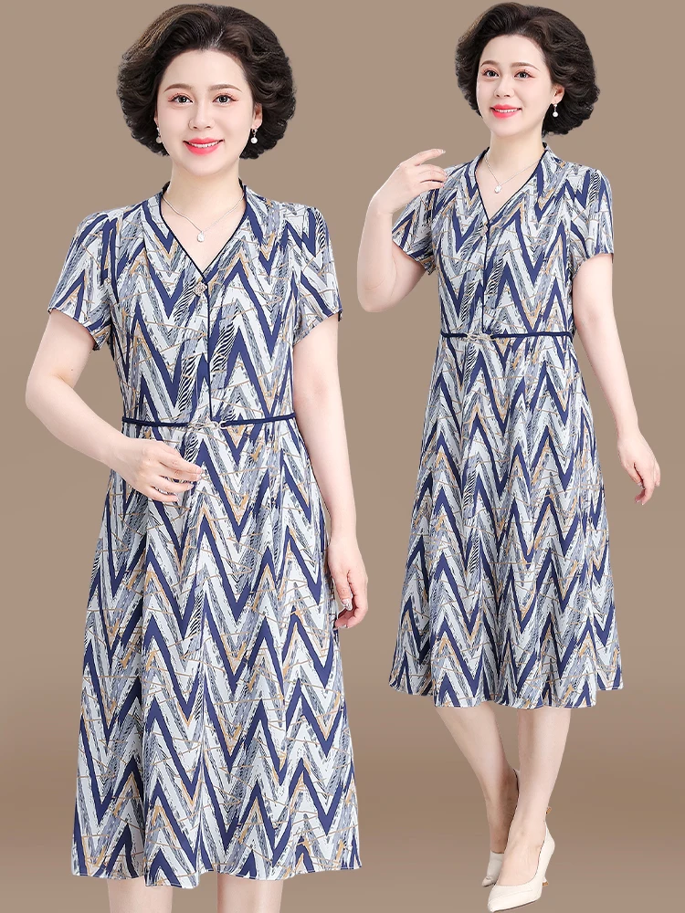 

Faionable Summer Dr Midi Length ort Sve Chiffon Skirt for Middle-Aged Women V-Ne Loose Fit Korean Sle Dr