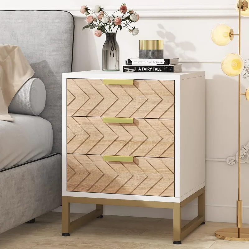 Nightstand Set of 2, Modern 3 Drawers Bedside Table with Unique Zig Zag Design, White Gold Side End Table Set of 2 for Bedroom