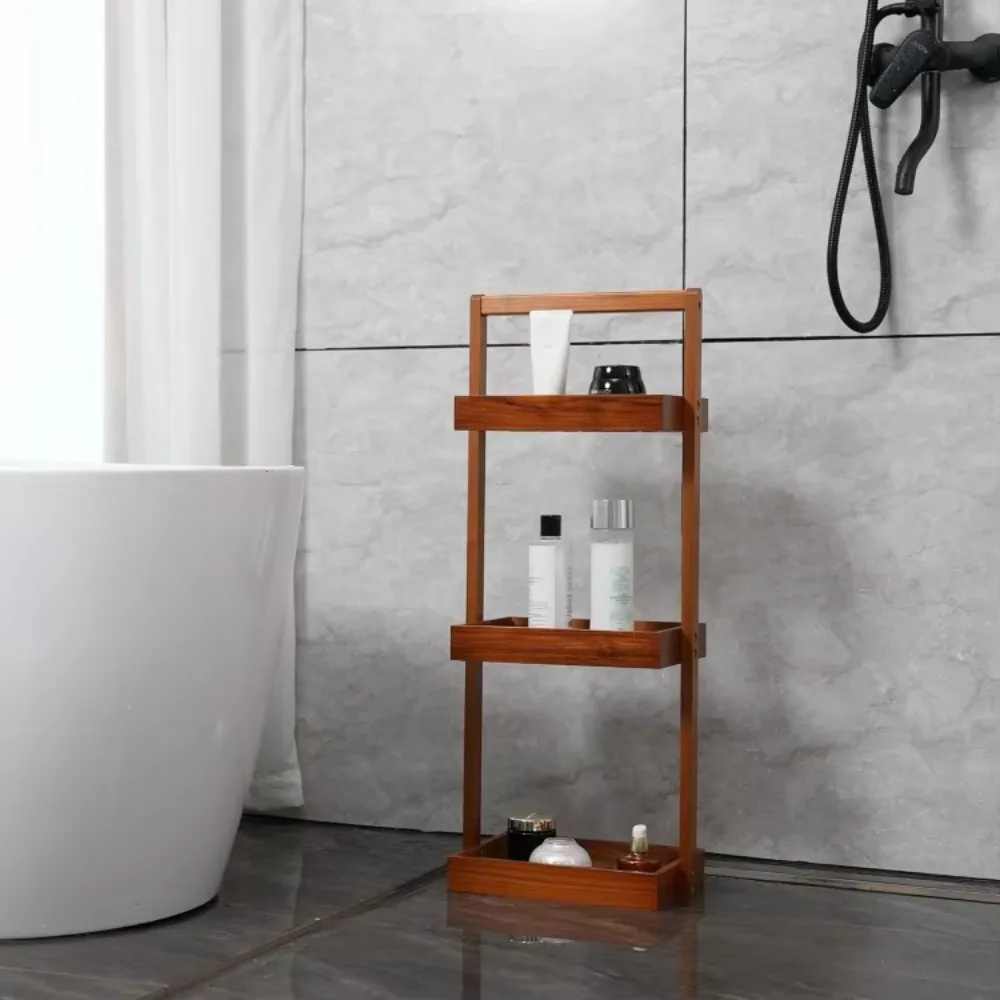 

New upgrade Teak Shower Caddy Corner, 3 Tier Standing Shower Organizer Shelf with Handle, Wood Bathroom Stand Up Caddy Basket