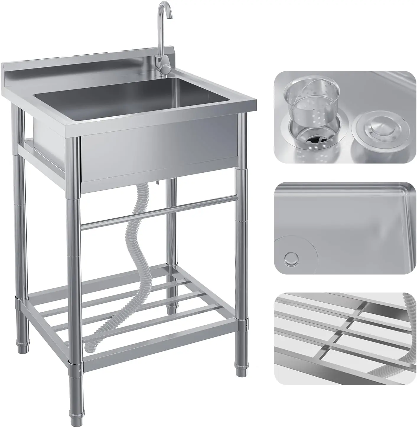 Stainless Steel Simple Wash Basin w/Hot & Cold Faucet Supply Lines Drain Kit Storage Shelf Vegetable Washing Household Single Slot Bracket Dishwasher Kitchen Sink Shelf