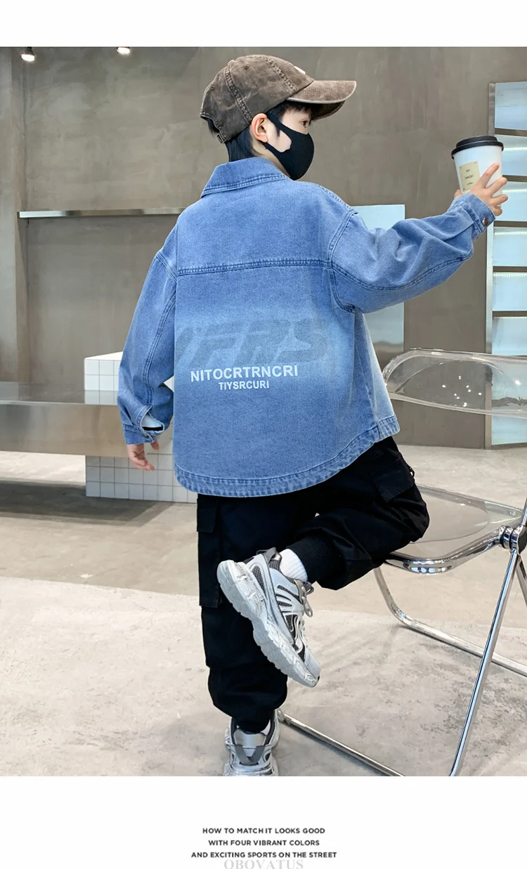 Kinder Mode Vintage Blaues Jeanshemd für Jungen Langärmeliges Baby-Bluse mit Tasche Teenager Frühling Herbst Kleidung Jeanshemd – Detail 3