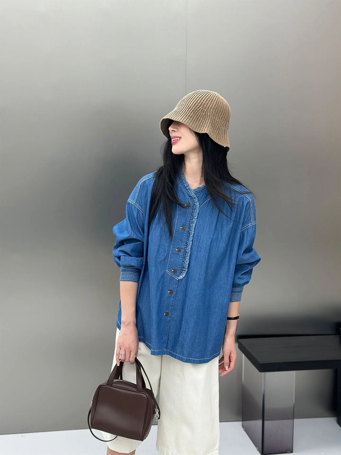 

Рубашка женская в стиле ретро с V-образным вырезом, свободного кроя, повседневная, дышащая, с длинным рукавом, на пуговицах, весенняя, для многослойных образов